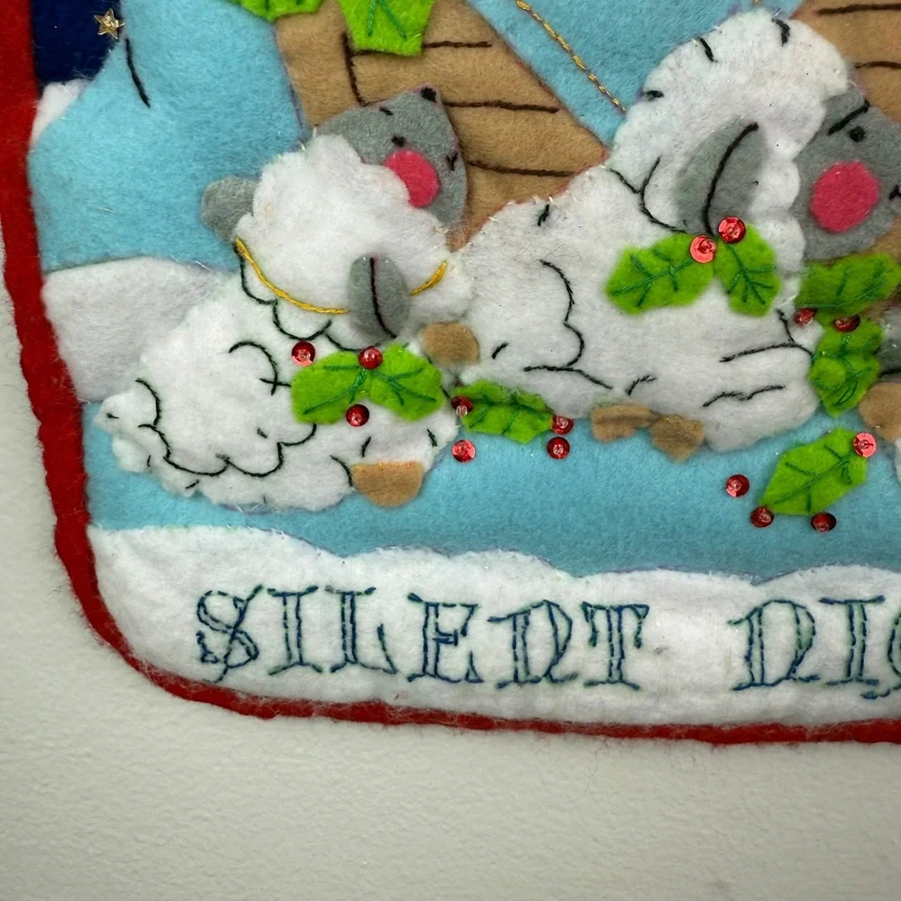 VTG Felt Appliqué Wall Decor Nativity Scene Sheep Silent Night Hand‎ Made 17x11